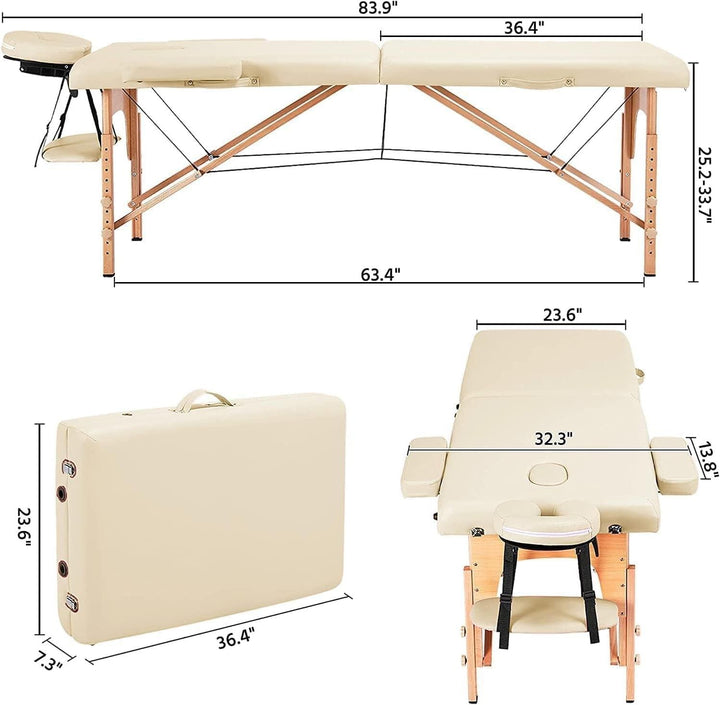 Portable Massage Table with Adjustable Folding Bed and Headrest - Cream