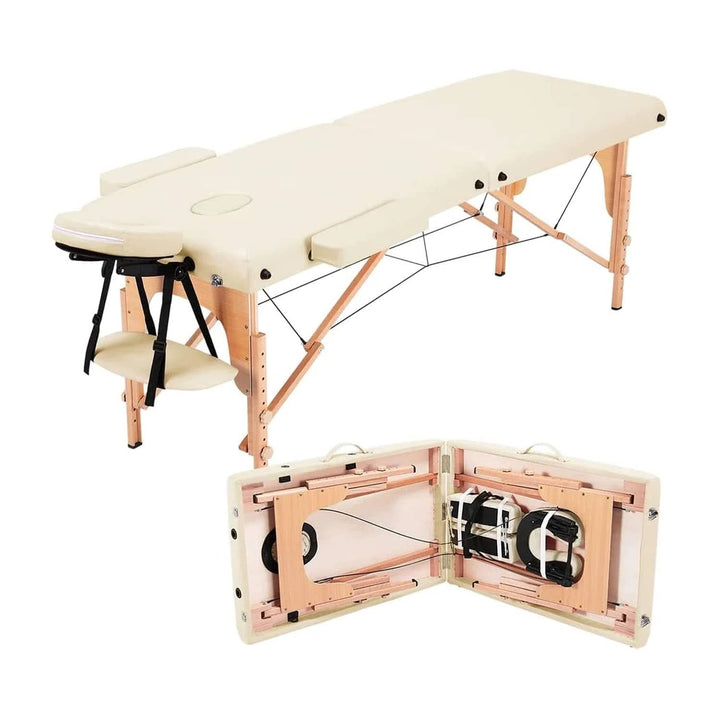 Portable Massage Table with Adjustable Folding Bed and Headrest - Cream