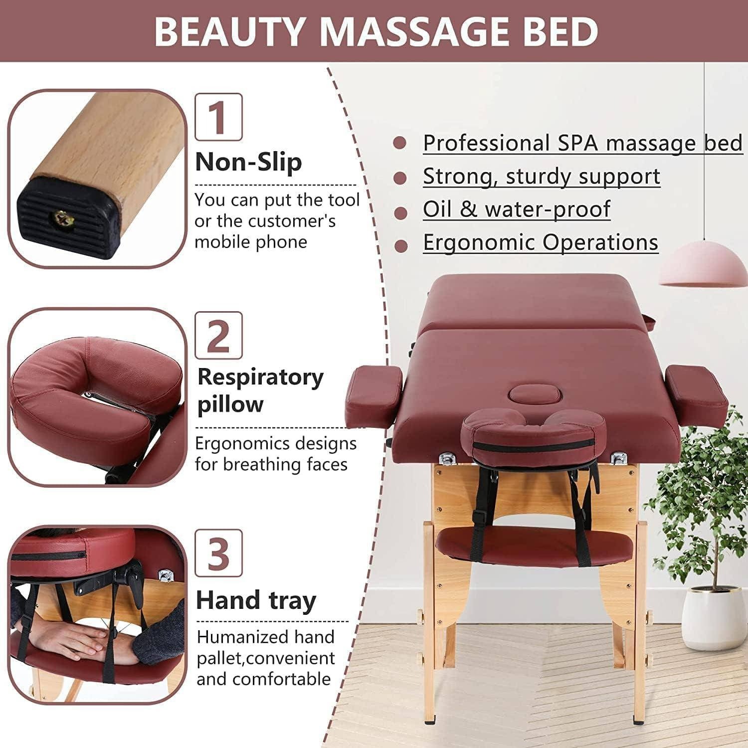 Portable Massage Table with Adjustable Folding Bed and Headrest - Maroon Massage Tables